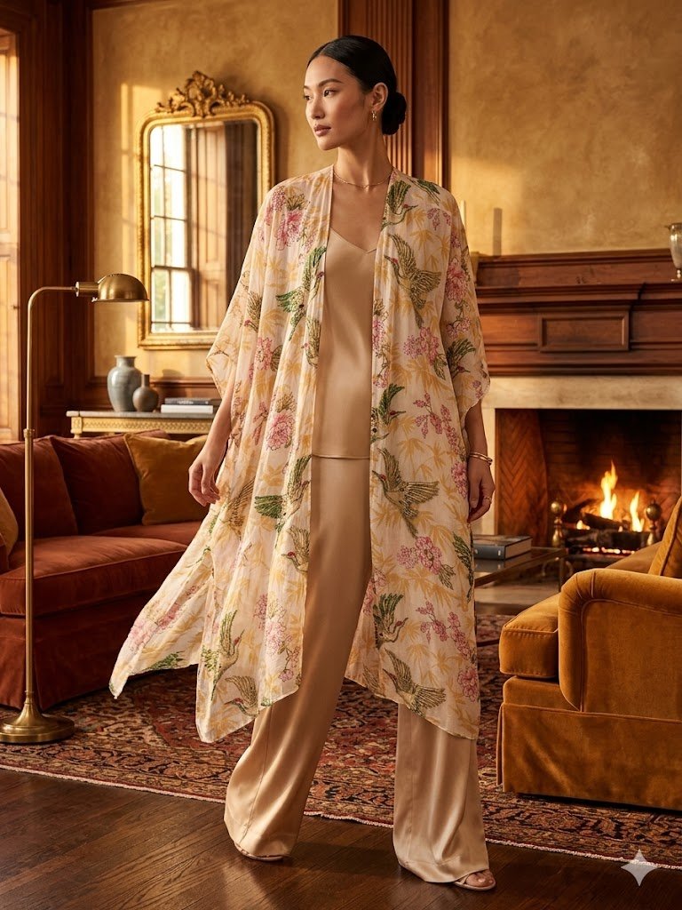 Aratta Silent Journey Cream Floral & Green Bird Lightweight Kimono Size M